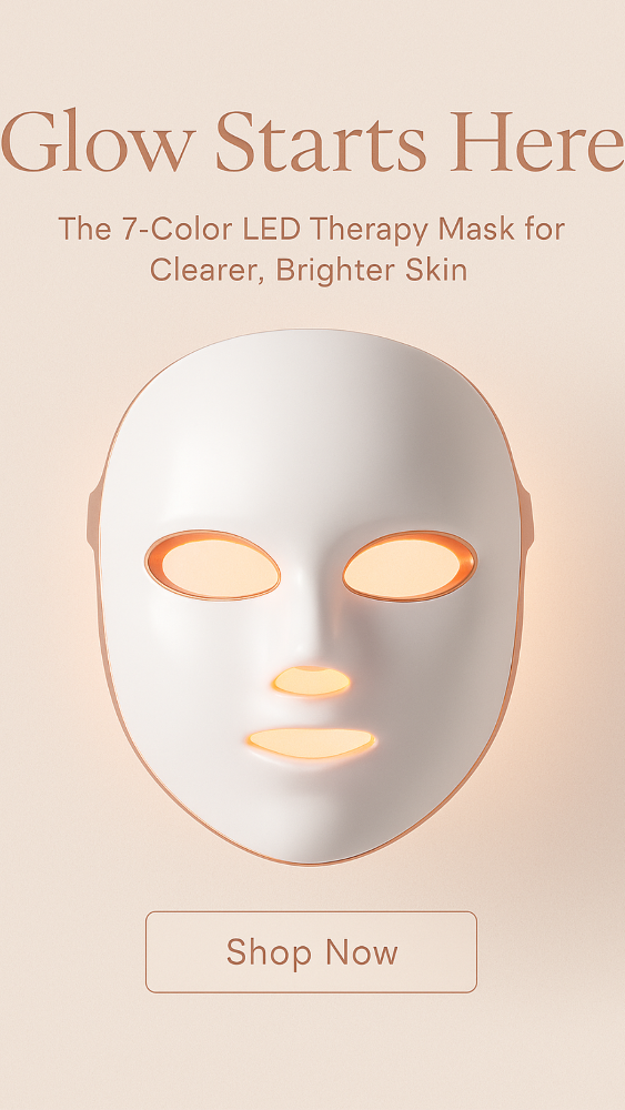 7-color LED therapy mask on a beige background with promotional text.